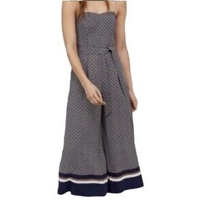 H&M Wide Leg Jumpsuit, Navy Tan Geometric Print, Belted Strapless, Womens Size 0